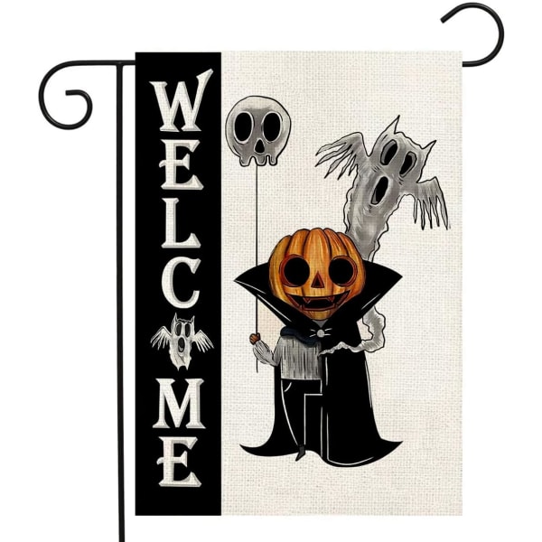 Sesongbaserte hageflagg tosidig burlap 12x18 tommer Velkommen vårferie Hageflagg, Liten hageflagg for utendørsdekorasjoner (halloween-skjelett)