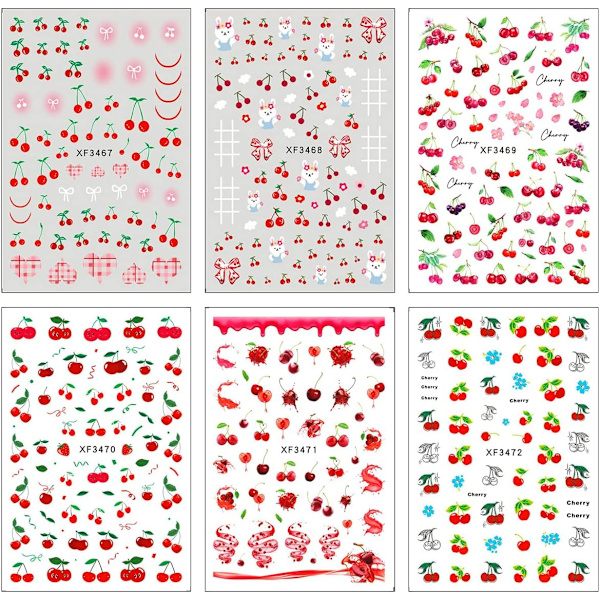 6 Ark Cherry Neglekunst Klistremerker Dekaler Frukt Design Klistremerker Selvklebende Dekaler Cherry Sløyfe Negle Dekaler for Jenter Designer