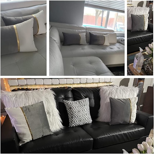 2 Pakker Grå Dekorative Pynteputer Trekk 18x18 Tommer for Stue Sofa Seng, Fløyel Lappeteppe med Gull Lær, Luksuriøs Moderne 45x45 cm
