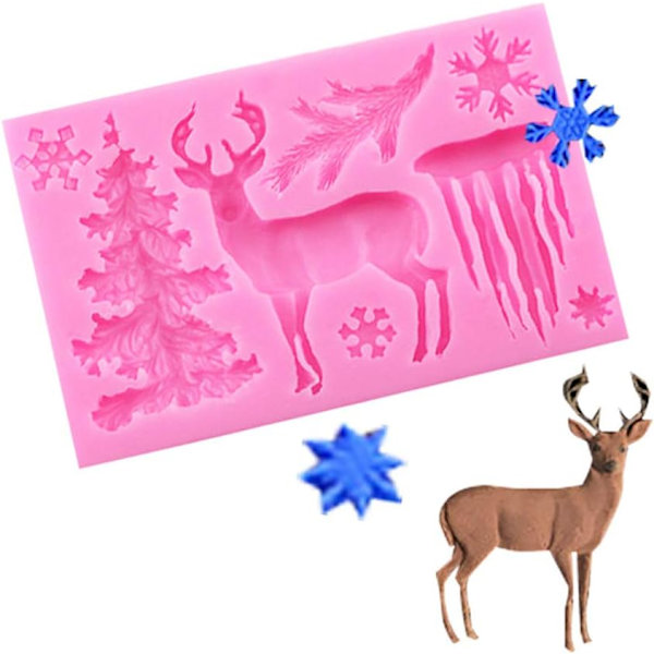 Silikone kageform julehjorte elg juletræ snefnug fondant chokoladeform kage wienerbrød bageform juledekoration (Pink)