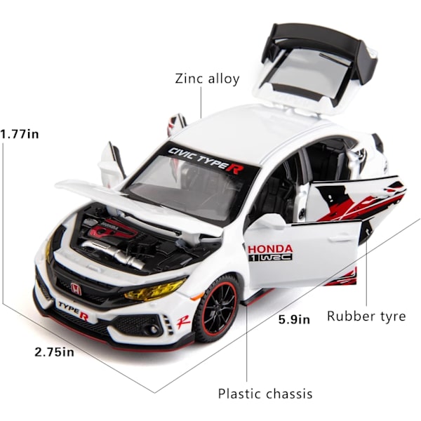 Valettu auto 1/32 Hondalle Civic Type-R -mallin auto Vetoauto leluauto valolla ja äänellä Mallin autot pojille tytöille lahjaksi