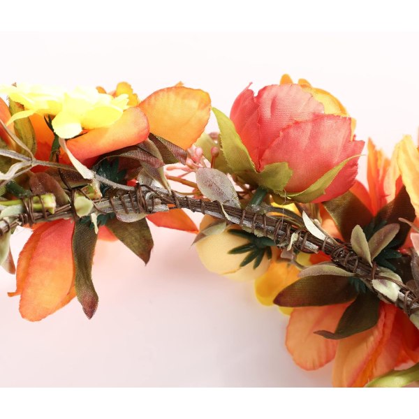 Kvinners blomsterkrone jente blomsterhodebånd hårkrans blomsterhodeplagg glorie boho med bånd bryllupsfest oransje