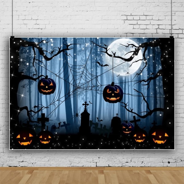 8x6ft Vinyl Misty Dark Blue Halloween Forest Bakgrunn Gresskar Svart Flaggermus Edderkoppnett i Fullmåne Skummel Natt Fotografering Bakgrunn Skummel