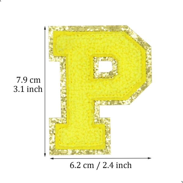 Engelska bokstaven P strykjärnsapplikationer lagningslappar alfabet sömnadsapplikationer klädmärken, med gul glitterkant, självhäftande baksida (gul P) PYellow