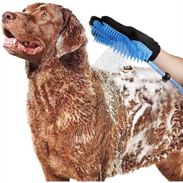 Pet badeværktøj hund bademassage handske, kæledyrshår fjerner til hundebad, med 3 adaptere, udendørs have.