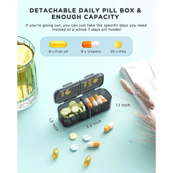 Pill Organizer 2 gånger om dagen, 7 dagar på morgonen Pill Box - Pill Organizer varje vecka två gånger om dagen, bärbar avtagbar dagligen, svartgrå