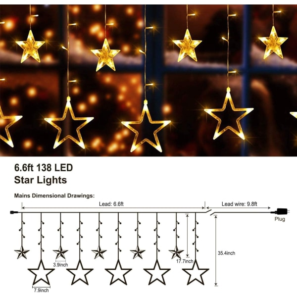 Heyone 12-stjärniga gardinljus - 138 lysdioder julfönstergardinbelysning 8 lägen utomhus inomhuskontakt i Fairy, varmvit