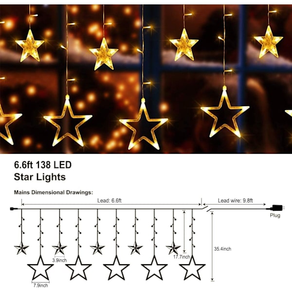 Heyone 12 stjärnor gardinlampor - 138 LED julgardinlampor 8 lägen utomhus inomhus plug in fe gardin vit