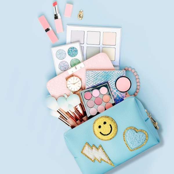 Preppy Patch Liten Toalettväska Smile Lightning Heart PU Läder Bärbar Vattentät Makeup Kosmetisk Väska Daglig Användning Förvaring