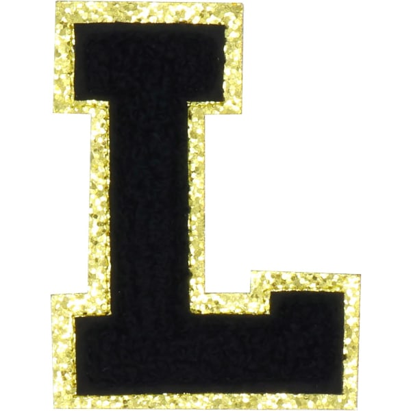 Engelska bokstaven L Stryk på reparationslappar Alfabetsömnad Applikationer Klädmärken, med guldglitterkant, självhäftande bakdekal（Svart L）Lsvart