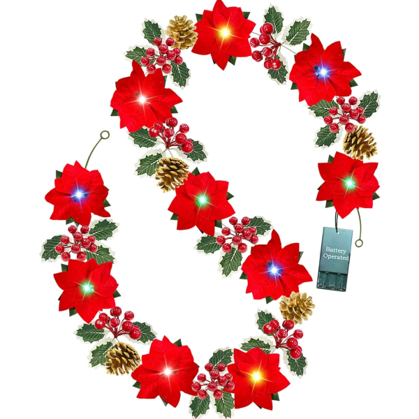 Heyone 6FT Christmas Poinsettia Garland with 20 Lights 10 Poinsettia 110 Glitter Golden Berry 5 Pinecones 60 Leaves