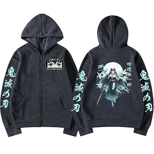 Demon Slayer Muichiro Tokito 2023 Hettegenser med glidelås Kawaii Kimetsu No Yaiba Jakke med glidelås Sweatshirts Menn Kvinner Pullover Streetwear Dark gray XL