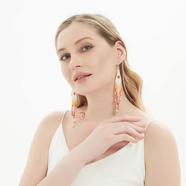Heyone Lange Perle Frynser Øreringe \2013 Store Boheme Native Statement Perle Dangle Øreringe til Kvinder, Store Boho Statement Håndlavede