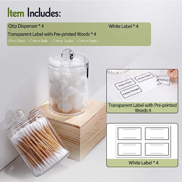 Holder Dispenser for Cotton Balls, Cotton Swabs, Cotton Round Pads, Dental Floss Sticks - 283.5 Grams Transparent Plastic Apothecary Jar Set