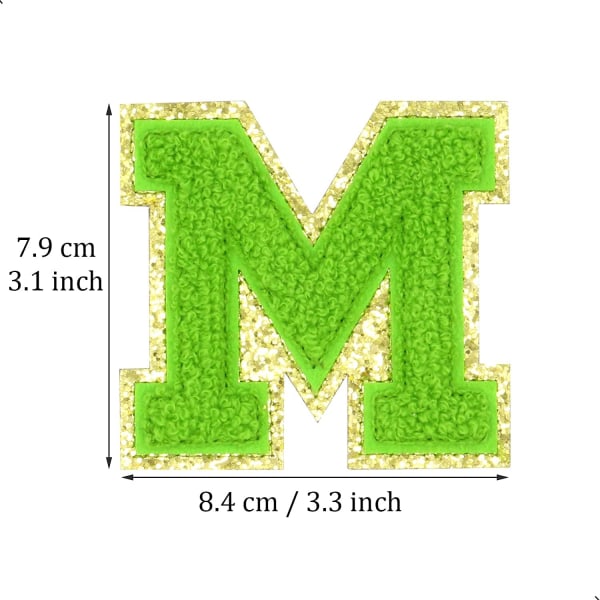 Englannin kirjain M - Silitysmerkit korjauslaastareille Aakkoset ompelukirjonnat Vaatteiden merkit, kultaisella glitter-reunuksella, liimapohjaiset tarrat（Vihreä M）MGreen