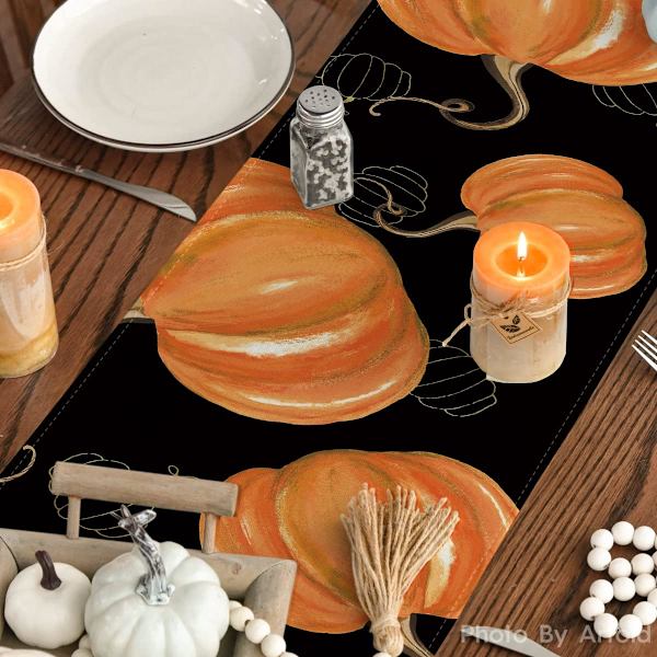 Vandfarve Orange Græskar Hule Squash Thanksgiving Bordløber Sort, Sæsonbestemt Efterår Høst Halloween Køkken  13 x 72 Tommer