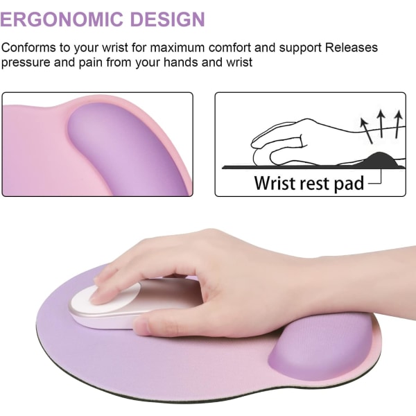 Ergonomisk musematte håndleddsstøtte gradient, sklisikker gummibase minneskum håndleddsstøttepute for hjem, kontor enkel skriving og smertelindring, rosa lilla