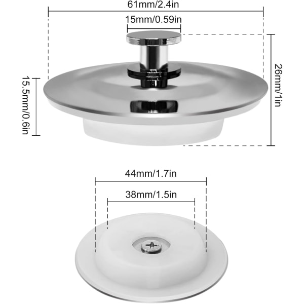44mm diskbänkspropp, diskbänkspropp i rostfritt stål, diskbänkspropp med enkelt grepp för badrum, kök, diskho (1-pack)