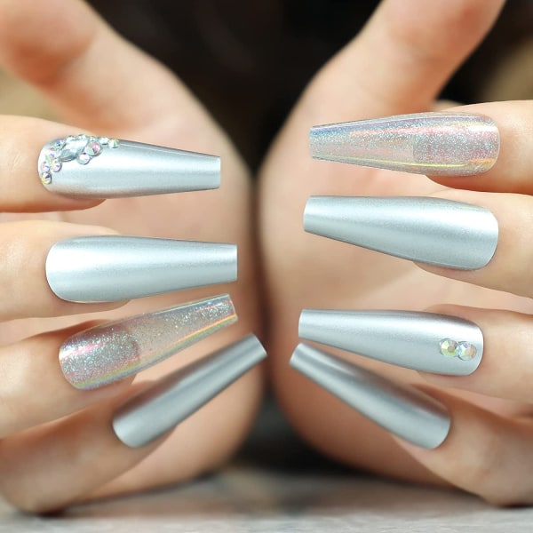 Extra långa falska naglar med 3D Clear Bling Bow Design 30st Glitter Akryl Ballerina False Nail Tips (silver)