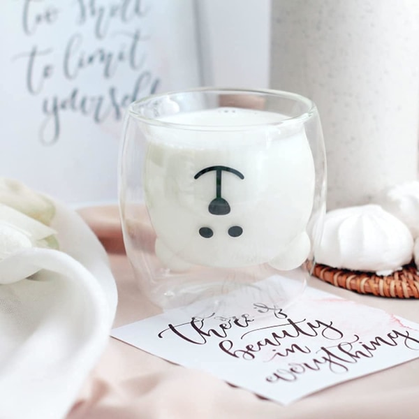 Søte krus Dobbeltvegget glass kaffekopp Kawaii bjørn te melkekopp Morsom krus Dyrekrus Estetisk krus for kontor (Happy bear)