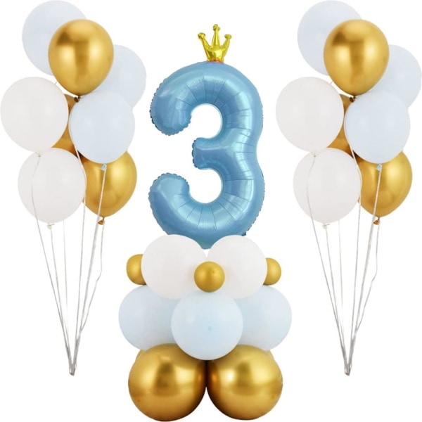 Blå krona nummer 3 ballong, 40'' stort nummer folieballong med latexballonger, 3:e födelsedag (blå 3)