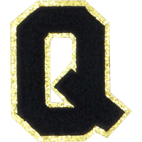 Englanninkielinen kirjain Q silitettävä korjauspaikat Aakkoset ompelu applikaatiot vaatemerkit, kultaisella kimaltelevalla reunuksella, liima takatarra (musta Q) QMusta