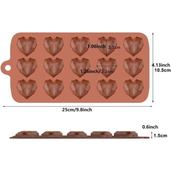 2 Pieces Diamond Heart Silicone Mold, Chocolate Mold 15 Cavities 3D Heart Love Shaped Silicone Mold Tray, for Hot Chocolate(Brown)