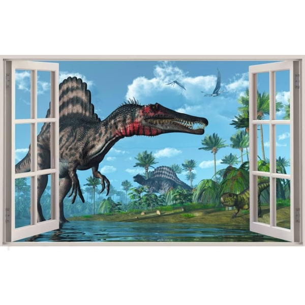 3D Akvarel Dinosaur World Fake Windows Wall Sticker, Peel and Stick Spinosaurus Decals til børn（27,5"x17,3"） - -