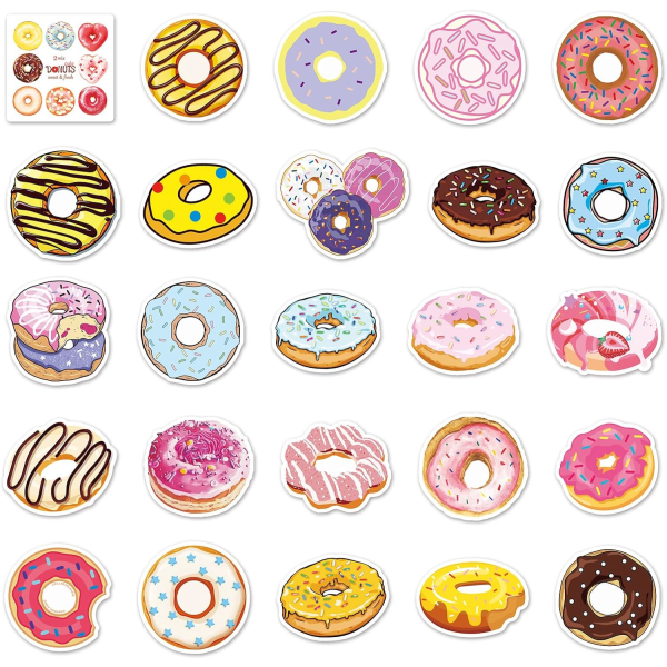 50 pakker Donut-klistremerker Vannflasker Bærbar telefon Motorsykkel Datamaskin Gitar Skateboard Hydroflasks Candy Snack Vinyl-klistremerke Vanntett estetisk