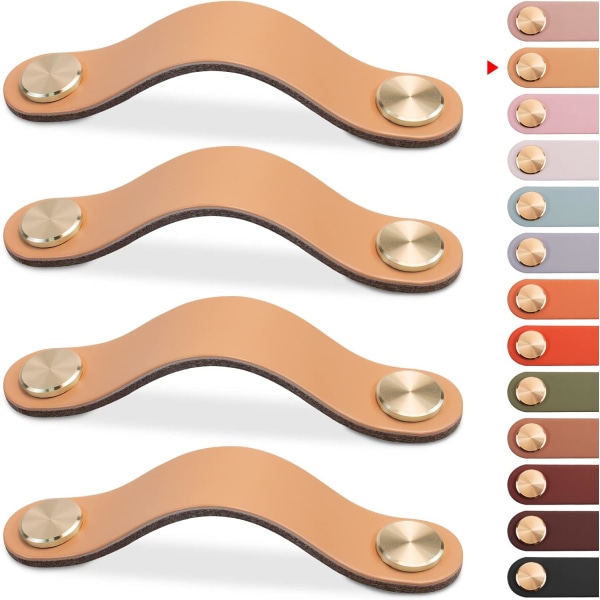 4 st läderhandtag för möbler, skåpdörrknopp i läder, handtag för lådor, vintage möbelhandtag för skåp, byrå, kök (beige, 96 mm)
