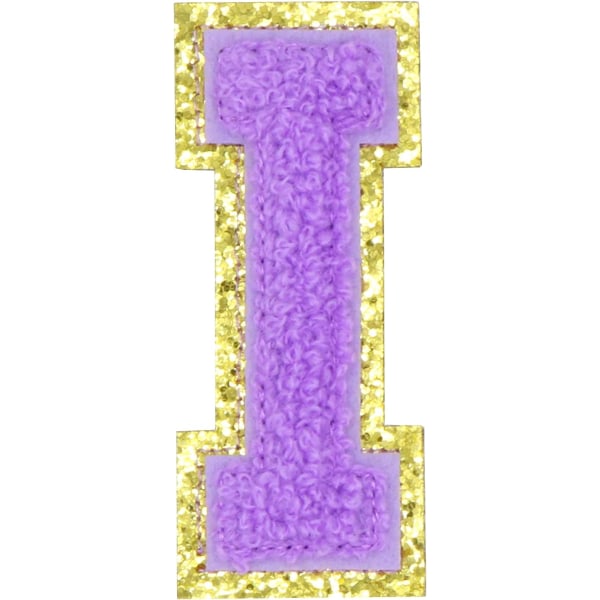 Engelsk bokstav I Stryk på reparasjonslapper Alfabetsøm Applikasjoner Klesmerker, med gullglitterkant, selvklebende bakklistremerke (lilla I) IPurple