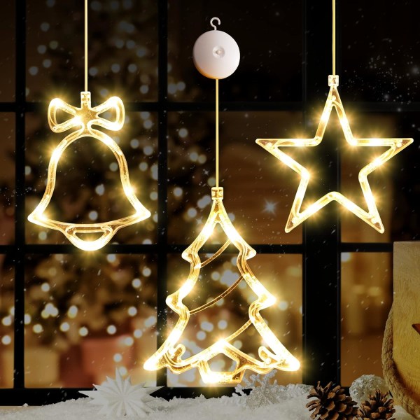 3Pcs Christmas Window Lights Decorations, Battery Powered Christmas Window Hanging Warm White Lighted Tree Bell Star Shaped LED Sucker Lamp