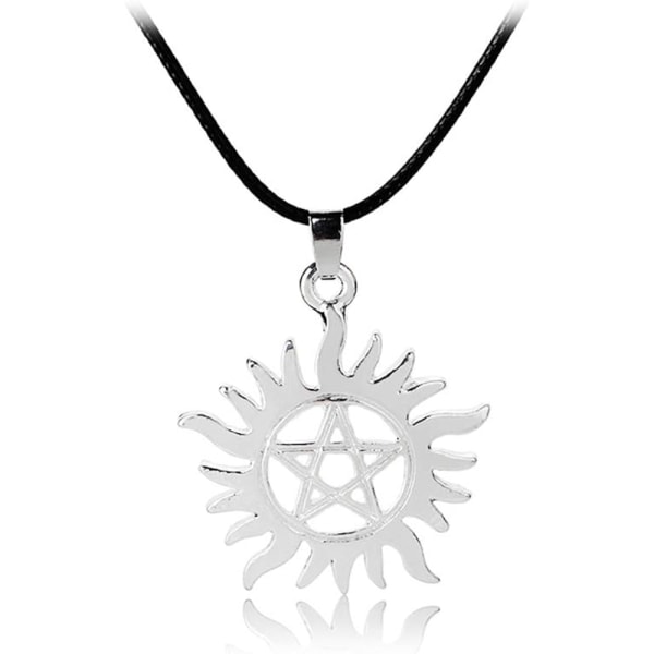 Heyone Silver Supernatural Star Pentacle Pentagram Solhänge Män Halsband Wicca Pagan Smycken Läderrepkedja
