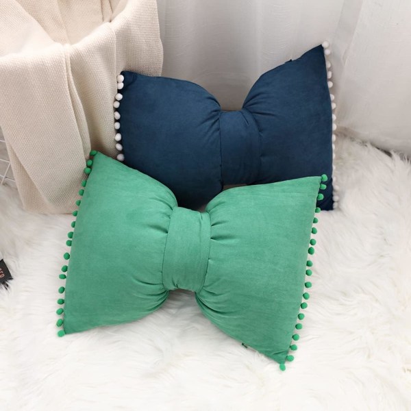 Söta Pompom Bowknot Kuddar Mocka Mjuk Kudde Dekorativt Örngott med Kuddfyllning för Bondgård (Gräsgrön, 14\"x20\")