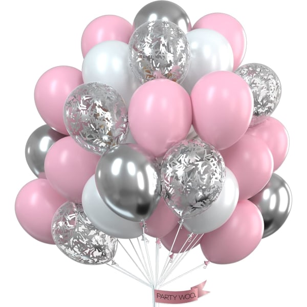 Rosa ballongset, 60 st rosa och vita ballonger, silvermetalliska ballonger, silverkonfettiballonger, festballonger, latexballonger