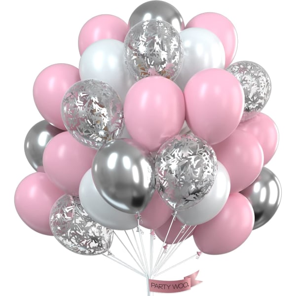 Rosa set, 60 st rosa och vita ballonger, silvermetalliska ballonger, silverkonfettiballonger, festballonger, latexballonger