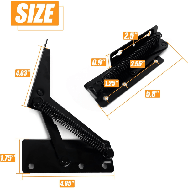 Sammenleggbar løftebrakett (1 par) 80-graders sofaspringhengsel forbinder og støtter oppbevaringsboksen sofasengskap (svart)
