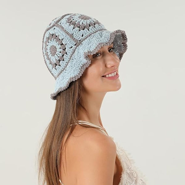 Boho Heklet Bøttehatt for Kvinner Blomster Håndlaget Beanies Hat Hul Håndstrikket Casual Strandhatt for Ferie