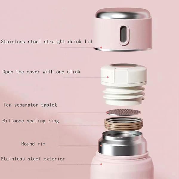 Termosflaske for varme drikker med kopp, rustfritt stål, kaffetermos med håndtak, 550 ml (rosa)