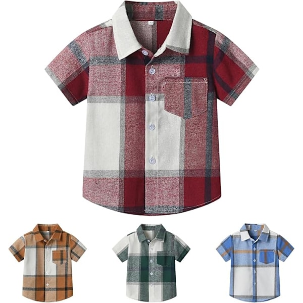 Rutete skjorte med korte ermer for gutter, barneskjorter med knapper, rutete sommerklær for 1-8 år Red 2-3Y