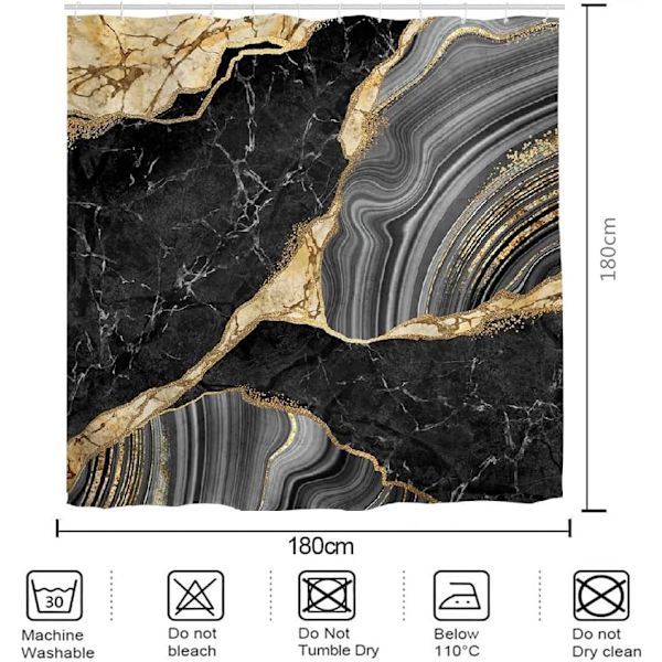 Marmori Suihkuverhosetti, Luksusmainen Abstrakti Musta Marmori Agate-Mosaiikki Kultaisilla Suonilla Kylpyhuonesarjat, Konttuurimatto ja Kylpymatto, 12 Koukkua