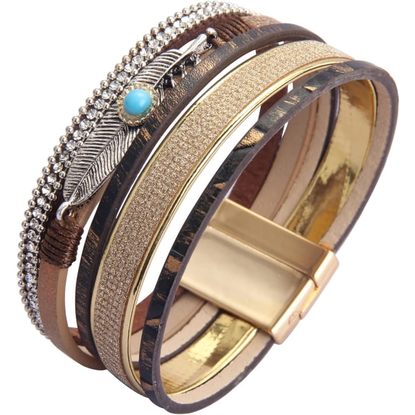 Heyone Dam Läder Manschett Armband Fjäder Multi Strand Armband Wrap Armband Turkos Boho Armband Flätad Läder