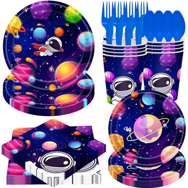 Rymdfestartiklar, rymdfest engångsbruk papper tallrikar servetter sugrör för rymd astronaut yttre galax tema födelsedagsfest  16 gäster