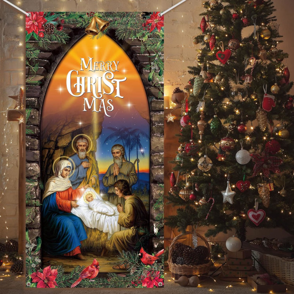 Juldekoration Utomhus jul Religiös cover Helig födelse Ytterdörr Hängande bakgrund Julfotografi Bakgrund, 70 x 35 tum