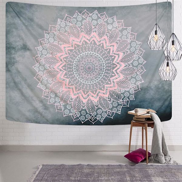 Mandala Gobelin Grå Rosa Gobelin Hippie Bohème Blomster Gobeliner Veggteppe for Rom Soverom