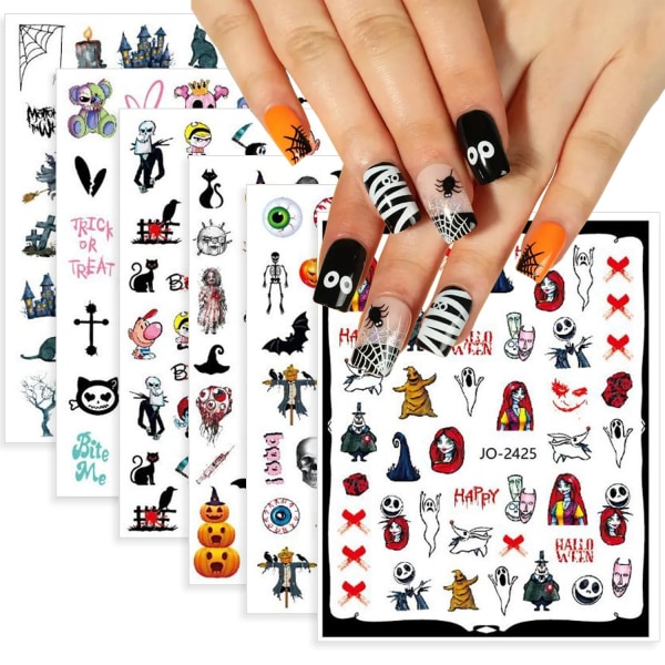 Halloween Nail Art Stickers Decals, 6 Sheets Adhesive Decals Halloween Nail Decorations with Spooky Designs of Ghost Skulls Pumpkins Spiders(Style 02)