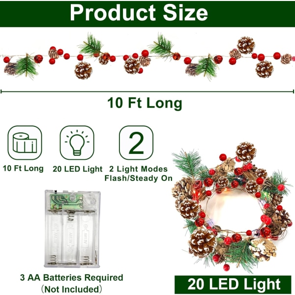 Heyone 10FT Förbelyst Julgirlang med Ljus Batteridriven Girlang Ljusslinga 30LED Färgglada Ljus 52 Röda Bär 35 Tallkottar