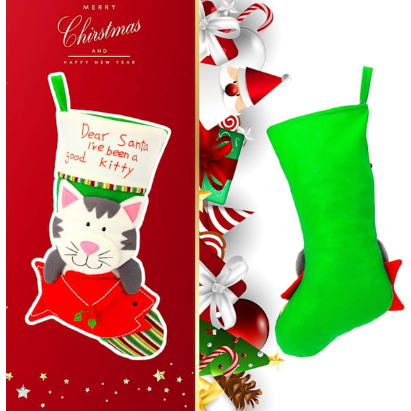 20'' Julekattestrømpe 3D Stor Kæledyrsholder Kitty Ornament Gaveposer til Kæledyr Ornament Killingedekoration Feriefest Tilbehør, Grøn
