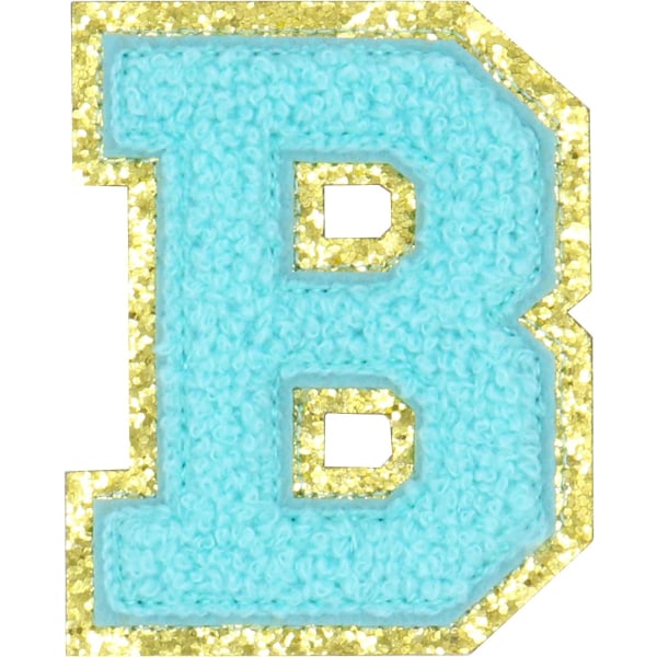 Engelsk bokstav B Stryk på reparasjonslapper Alfabetsøm Applikasjoner Klesmerker, med gullglitterkant, selvklebende klistremerke på baksiden（Blå B）BBlå