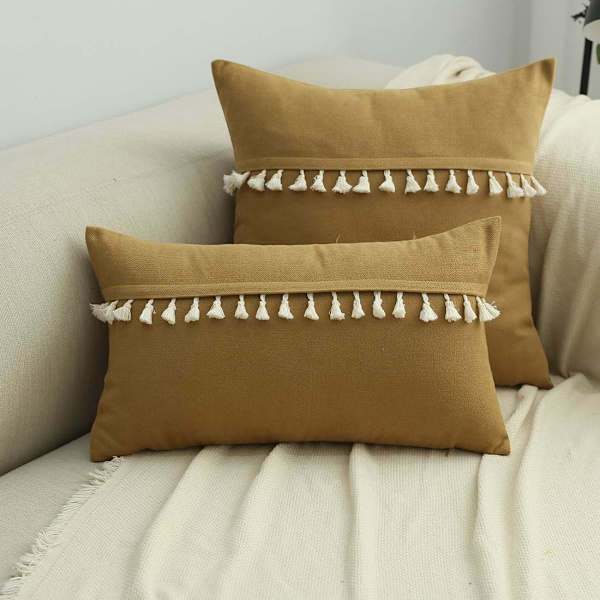 Boho dekorativt lændepudebetræk med kvaster til sofa seng sofa super blødt ensfarvet accent pudebetræk (Lysebrun, 12\"x20\")
